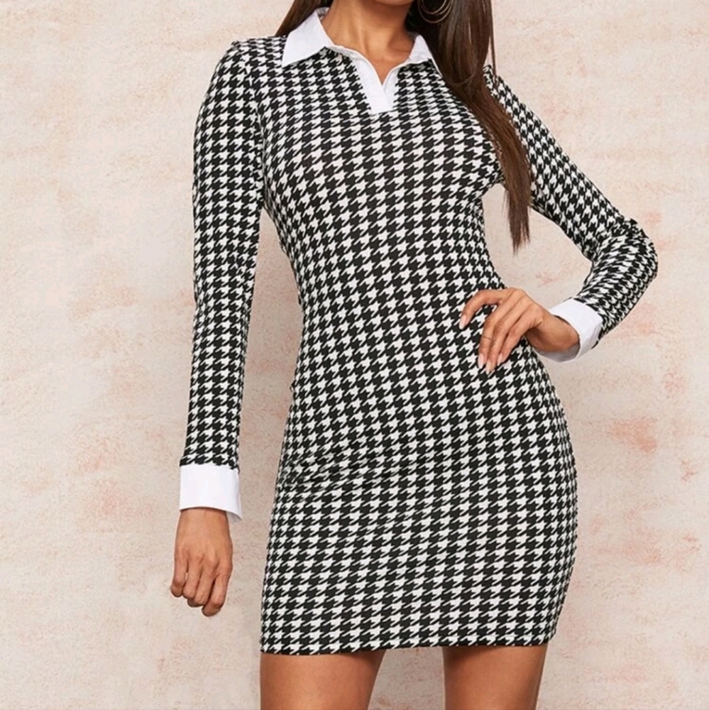 New women Black and white Houndstooth Bodycon Dress
